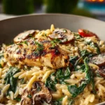 One Pan Creamy Spinach Mushroom Orzo with Chicken First Image