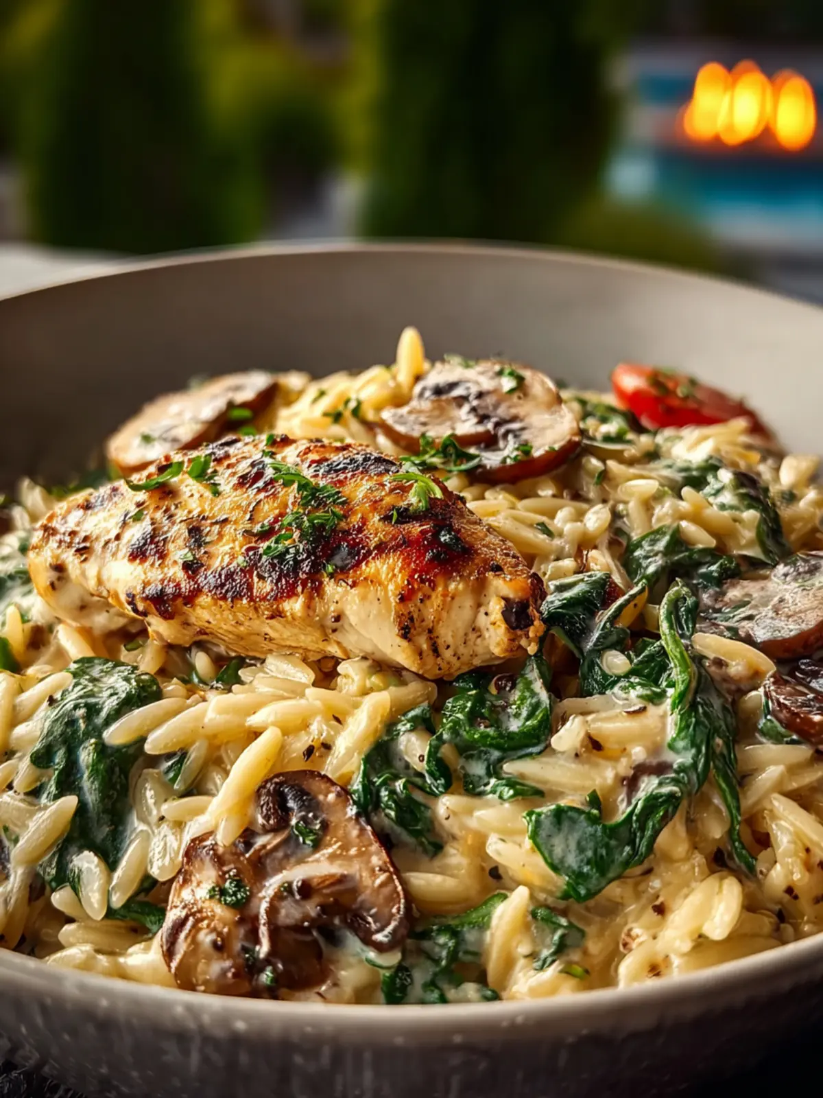 One Pan Creamy Spinach Mushroom Orzo with Chicken First Image